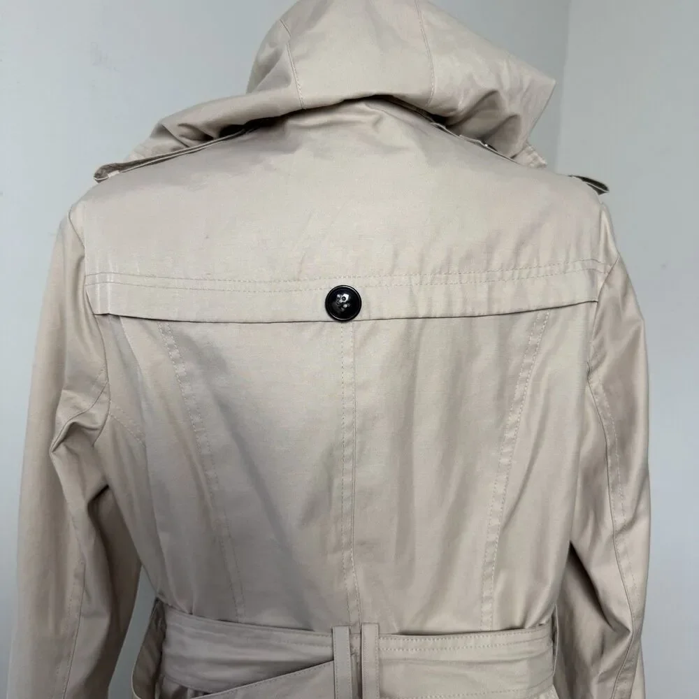 Cole Haan Hooded Trench Coat Beige Double Breasted Belted Medium